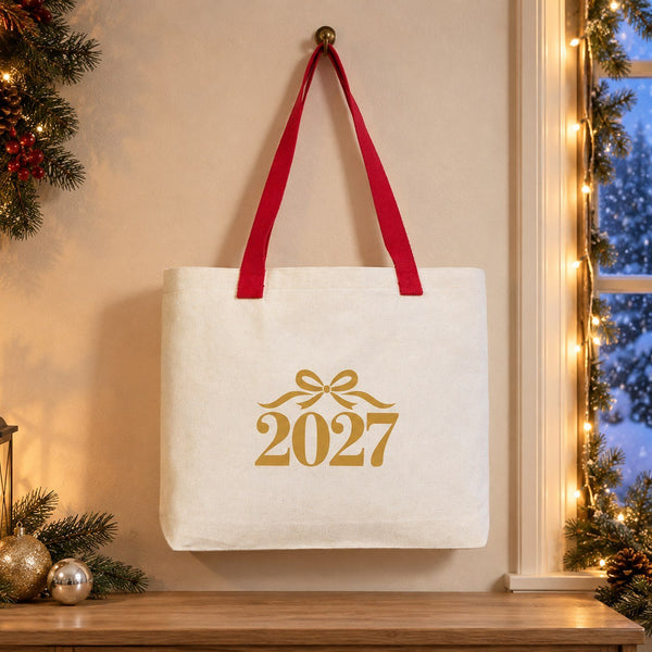 Canvas-Tasche Weihnachten mit Strickhenkeln – 9 Motive Happy New Year 2027, Tragetasche 45 × 35 × 8 cm in Beige, Rot oder Schwarz – 320 g/m² - Pamusan.de