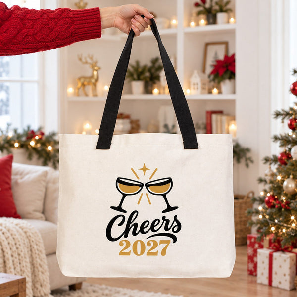 Canvas-Tasche Weihnachten mit Strickhenkeln – 9 Motive Happy New Year 2027, Tragetasche 45 × 35 × 8 cm in Beige, Rot oder Schwarz – 320 g/m² - Pamusan.de