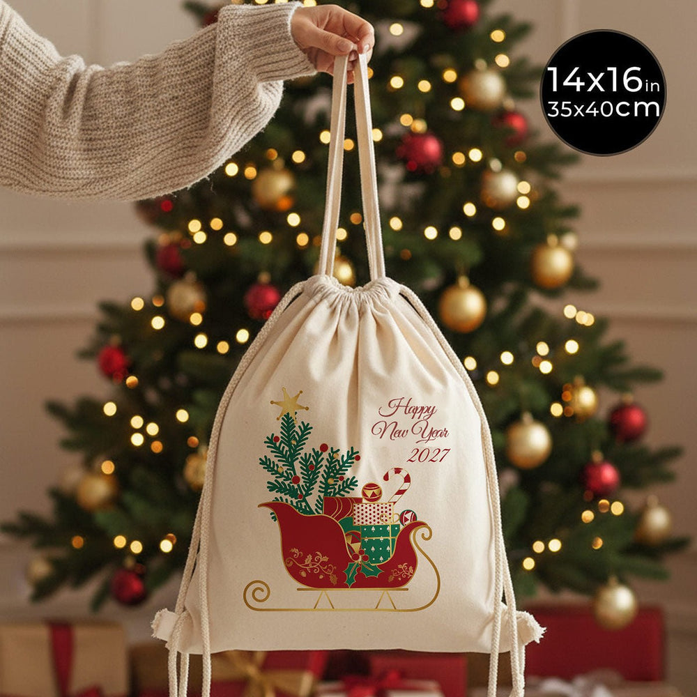 Turnbeutel Weihnachten 35 × 40 cm – Baumwollrucksack mit Kordelzug und Happy-New-Year-2027-Schlittenmotiv – Pamusan.de