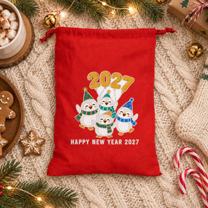Christmas Drawstring Gift Bags Bulk – 12" × 16" (30 × 40 cm) Cotton Bags in Red, Black or Natural, 9 Holiday & New Year 2027 Designs - Pamusan.com