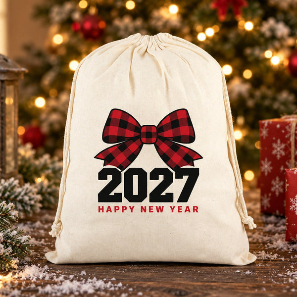 Christmas Drawstring Gift Bags Bulk – 12" × 16" (30 × 40 cm) Cotton Bags in Red, Black or Natural, 9 Holiday & New Year 2027 Designs - Pamusan.com