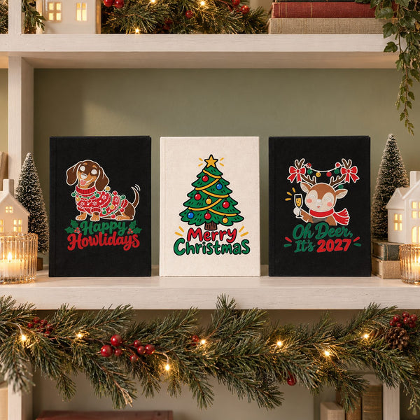 Notizbuch Weihnachten – A5 Canvas-Notizbuch 14 × 20 cm, 9 Motive für Weihnachten & Neujahr 2027, Einband Natur oder Schwarz, 160 blanko Seiten - Pamusan.de