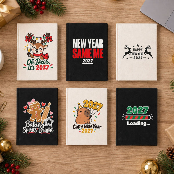 Notizbuch Weihnachten – A5 Canvas-Notizbuch 14 × 20 cm, 9 Motive für Weihnachten & Neujahr 2027, Einband Natur oder Schwarz, 160 blanko Seiten - Pamusan.de