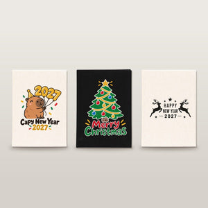 Notizbuch Weihnachten – A5 Canvas-Notizbuch 14 × 20 cm, 9 Motive für Weihnachten & Neujahr 2027, Einband Natur oder Schwarz, 160 blanko Seiten - Pamusan.de