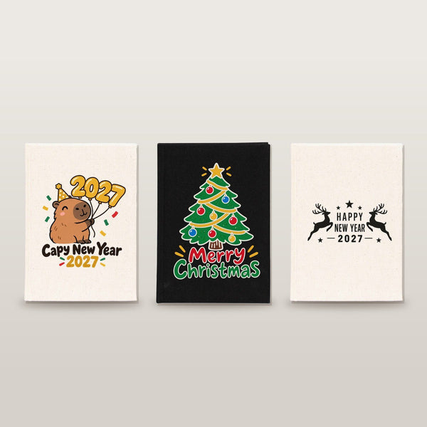 Notizbuch Weihnachten – A5 Canvas-Notizbuch 14 × 20 cm, 9 Motive für Weihnachten & Neujahr 2027, Einband Natur oder Schwarz, 160 blanko Seiten - Pamusan.de