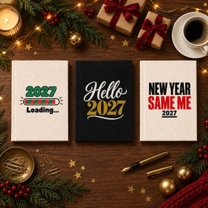 Notizbuch Weihnachten – A5 Canvas-Notizbuch 14 × 20 cm, 9 Motive für Weihnachten & Neujahr 2027, Einband Natur oder Schwarz, 160 blanko Seiten - Pamusan.de