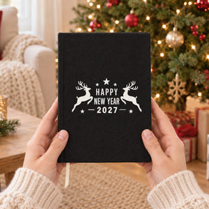 Notizbuch Weihnachten – A5 Canvas-Notizbuch 14 × 20 cm, 9 Motive für Weihnachten & Neujahr 2027, Einband Natur oder Schwarz, 160 blanko Seiten - Pamusan.de