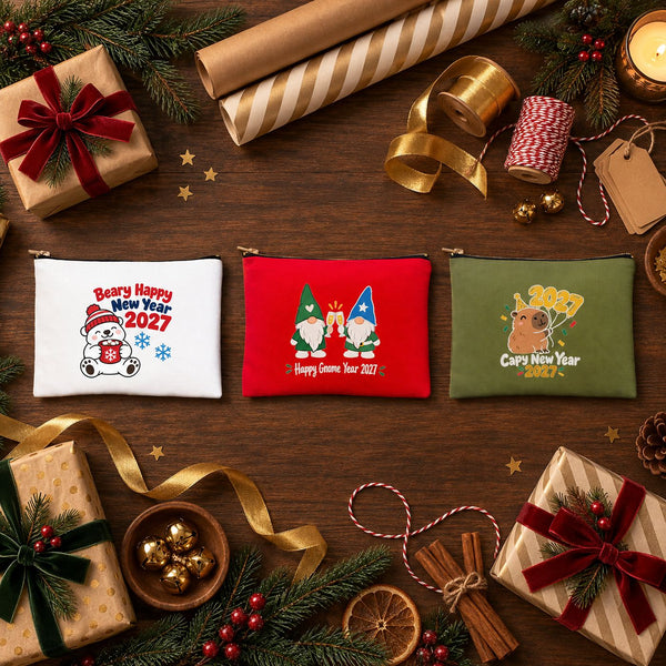 Weihnachts-Kosmetiktasche – 9 Motive für Weihnachten & Neujahr 2027, Clutch mit Reißverschluss 21 × 15 cm – Baumwollgabardine - Pamusan.de
