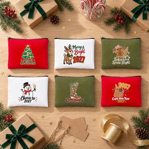 Weihnachts-Kosmetiktasche – 9 Motive für Weihnachten & Neujahr 2027, Clutch mit Reißverschluss 21 × 15 cm – Baumwollgabardine - Pamusan.de