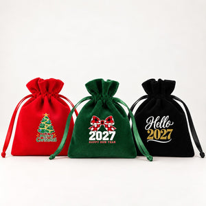 Christmas Party Favors – Velvet Gift Bags 4" × 5" (10 × 13 cm) with Rose Top Drawstring, Red, Green or Black, 9 Holiday & New Year 2027 Designs - Pamusan.com