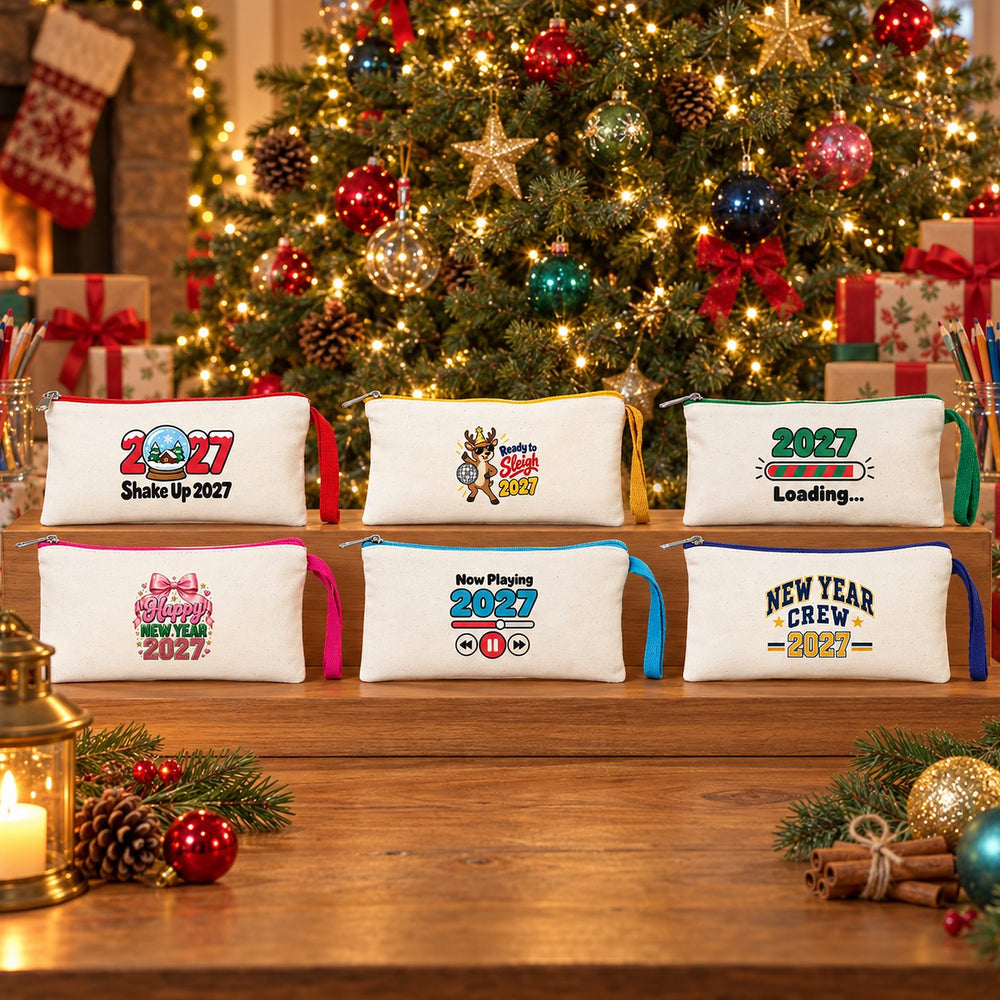 Federmäppchen Weihnachten – 9 Motive für Weihnachten & Neujahr 2027, Stoff-Federmäppchen mit farbigem Reißverschluss 21 × 10 cm – Baumwollgabardine - Pamusan.de