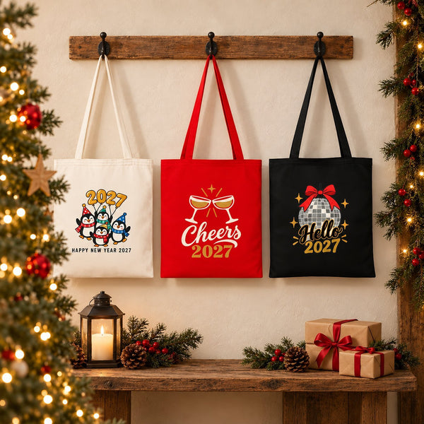 Weihnachtstasche aus Baumwolle – Tragetaschen 35 × 40 cm in Natur, Rot oder Schwarz, 9 Motive für Weihnachten & Neujahr 2027 – Baumwollgabardine - Pamusan.de