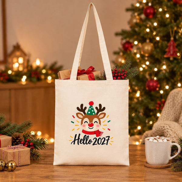 Weihnachtstasche aus Baumwolle – Tragetaschen 35 × 40 cm in Natur, Rot oder Schwarz, 9 Motive für Weihnachten & Neujahr 2027 – Baumwollgabardine - Pamusan.de