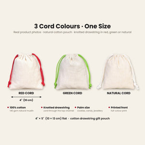 Christmas Treat Bags Bulk – Small Cotton Muslin Drawstring Gift Bags 4" × 5" (10 × 13 cm), Red, Green or Natural Cord, 9 Holiday & New Year 2027 Designs - Pamusan.com