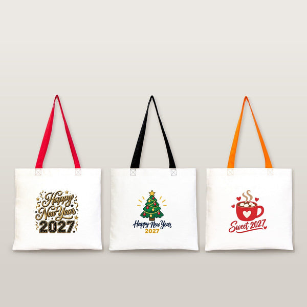 Stofftasche Weihnachten mit farbigen Henkeln – Baumwolltaschen 40 × 35 cm, Henkel Schwarz, Rot oder Orange, 9 Motive für Weihnachten & Neujahr 2027 - Pamusan.de