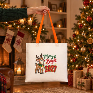 Stofftasche Weihnachten mit farbigen Henkeln – Baumwolltaschen 40 × 35 cm, Henkel Schwarz, Rot oder Orange, 9 Motive für Weihnachten & Neujahr 2027 - Pamusan.de