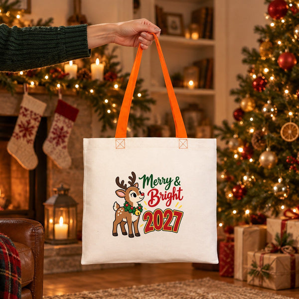 Stofftasche Weihnachten mit farbigen Henkeln – Baumwolltaschen 40 × 35 cm, Henkel Schwarz, Rot oder Orange, 9 Motive für Weihnachten & Neujahr 2027 - Pamusan.de