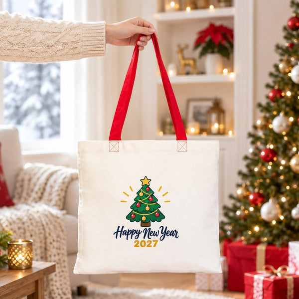 Stofftasche Weihnachten mit farbigen Henkeln – Baumwolltaschen 40 × 35 cm, Henkel Schwarz, Rot oder Orange, 9 Motive für Weihnachten & Neujahr 2027 - Pamusan.de