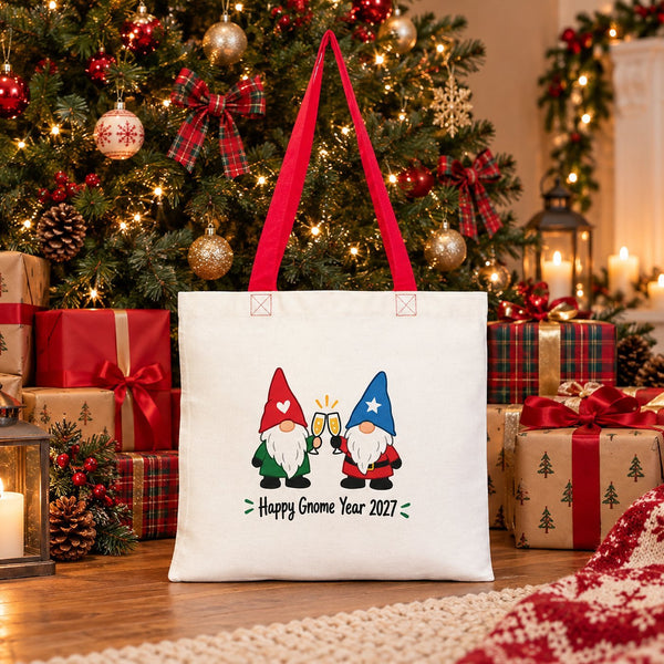 Stofftasche Weihnachten mit farbigen Henkeln – Baumwolltaschen 40 × 35 cm, Henkel Schwarz, Rot oder Orange, 9 Motive für Weihnachten & Neujahr 2027 - Pamusan.de
