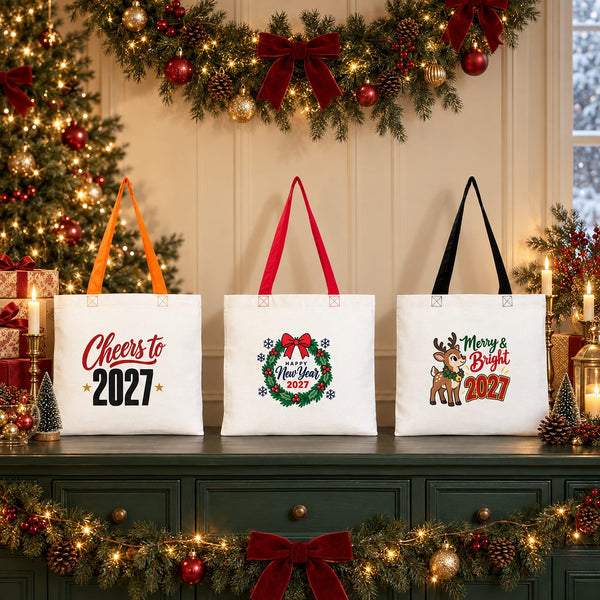 Stofftasche Weihnachten mit farbigen Henkeln – Baumwolltaschen 40 × 35 cm, Henkel Schwarz, Rot oder Orange, 9 Motive für Weihnachten & Neujahr 2027 - Pamusan.de