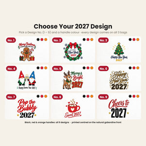 Stofftasche Weihnachten mit farbigen Henkeln – Baumwolltaschen 40 × 35 cm, Henkel Schwarz, Rot oder Orange, 9 Motive für Weihnachten & Neujahr 2027 - Pamusan.de