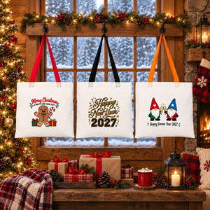 Stofftasche Weihnachten mit farbigen Henkeln – Baumwolltaschen 40 × 35 cm, Henkel Schwarz, Rot oder Orange, 9 Motive für Weihnachten & Neujahr 2027 - Pamusan.de