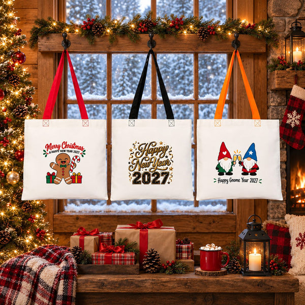 Stofftasche Weihnachten mit farbigen Henkeln – Baumwolltaschen 40 × 35 cm, Henkel Schwarz, Rot oder Orange, 9 Motive für Weihnachten & Neujahr 2027 - Pamusan.de