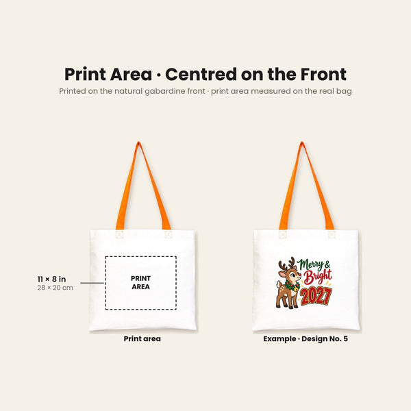 Stofftasche Weihnachten mit farbigen Henkeln – Baumwolltaschen 40 × 35 cm, Henkel Schwarz, Rot oder Orange, 9 Motive für Weihnachten & Neujahr 2027 - Pamusan.de
