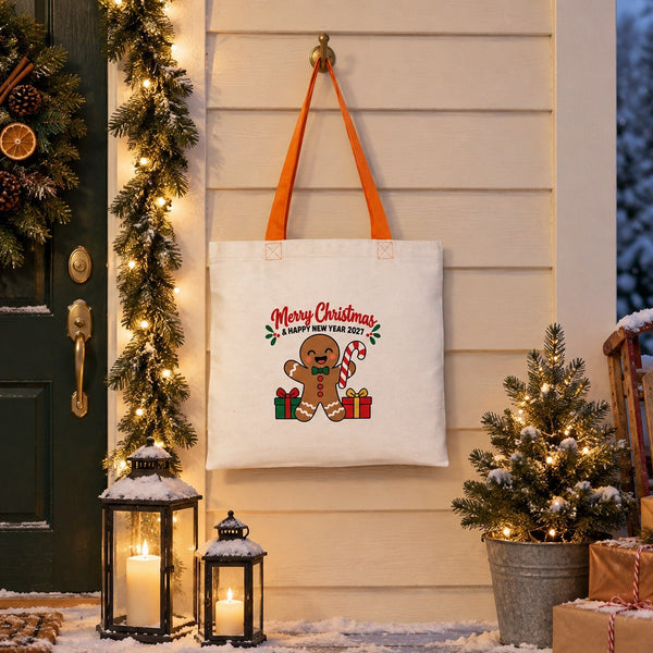 Stofftasche Weihnachten mit farbigen Henkeln – Baumwolltaschen 40 × 35 cm, Henkel Schwarz, Rot oder Orange, 9 Motive für Weihnachten & Neujahr 2027 - Pamusan.de