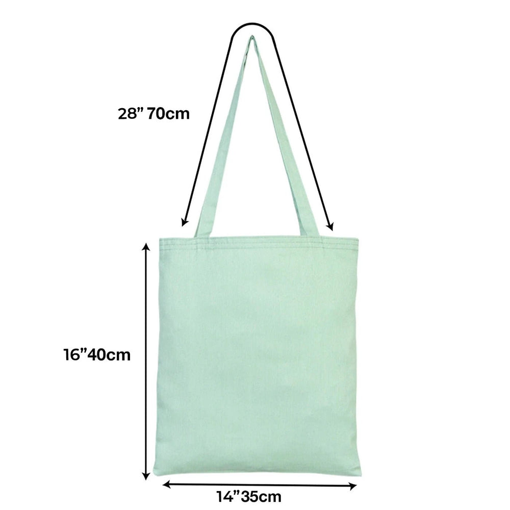 Light green tote bag on a neutral background with size label.