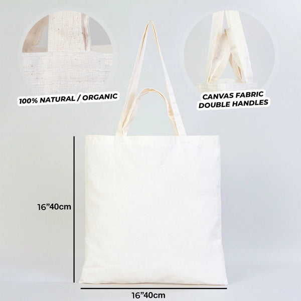 White tote bag with text indicating natural/organic material and canvas fabric, on a light gray background.