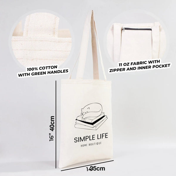 Tote bag with 'Simple Life' design and specifications on a gray background