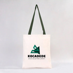 Tote bag with a logo and text on a white background
