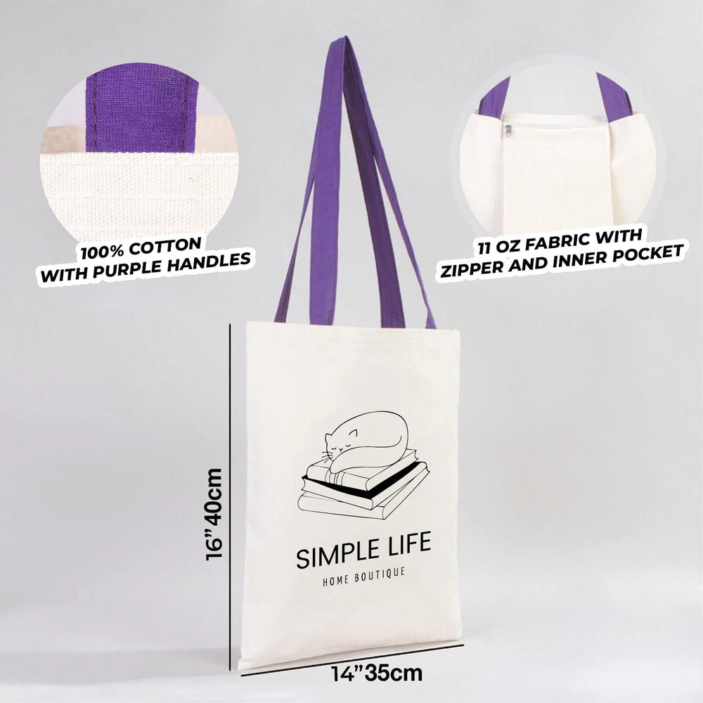 Beige tote bag with purple handles on a wooden surface, customizable with 'Your Logo or Image Here'.