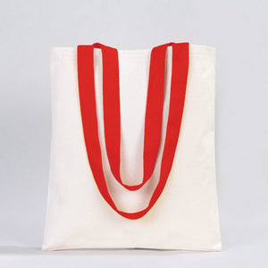 White tote bag with red handles on a light gray background