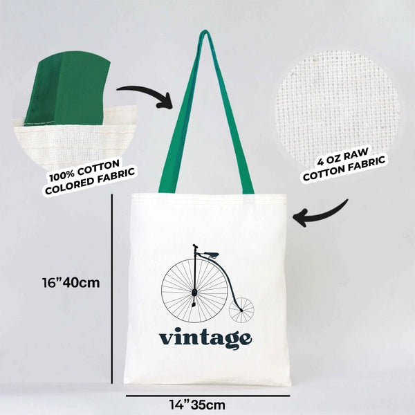 Tote bag with bicycle design and fabric details on a white background