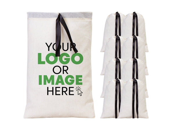 Custom Logo Printed Cotton Bags – 8"W x 12"H Bridal Gift Bags, Black Double Pouches — print detail | Pamusan