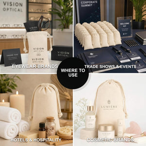 Cotton muslin pouch use cases: eyewear brands, trade shows & events, hotels & hospitality, cosmetic brands