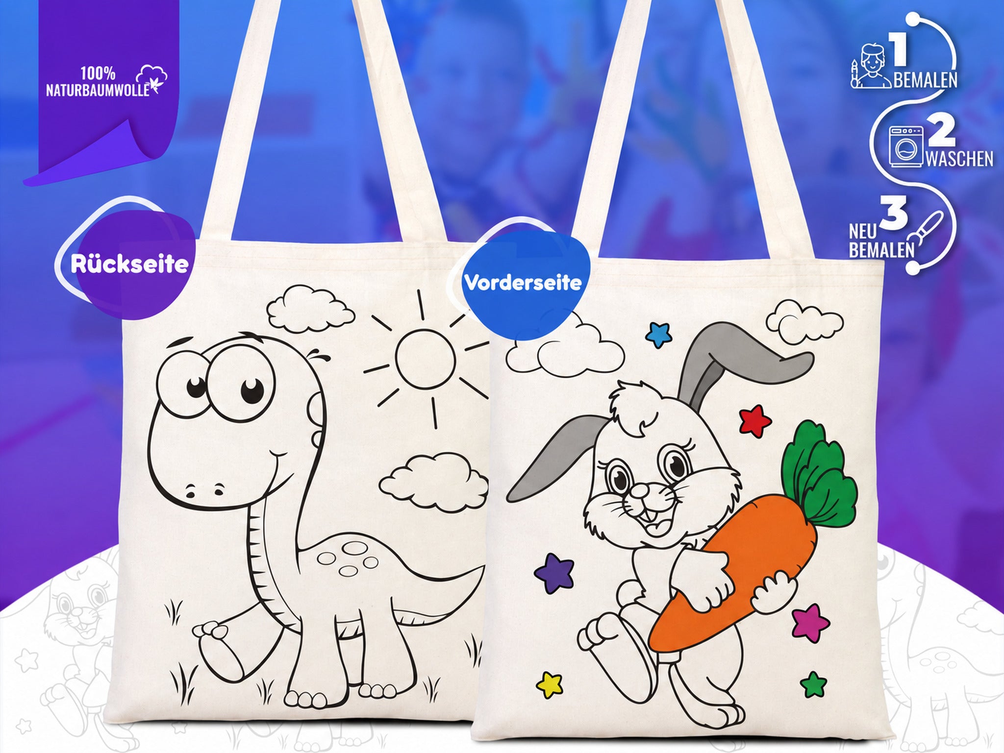 Dinosaurier- und Hasen-Ausmaltragetasche für Kinder — wiederverwendbare Baumwoll-Maltasche