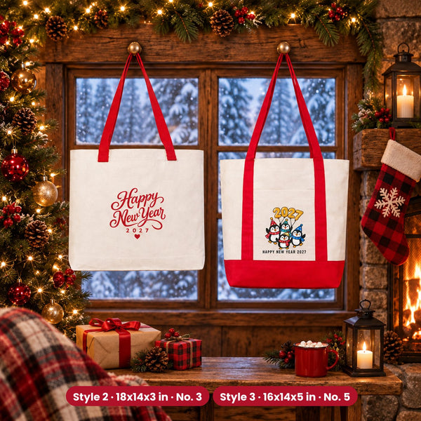 Happy New Year Tote Bags Bulk – Canvas Tote Bags in 3 Styles: Large City 18" × 14" × 4", Red Handles 18" × 14" × 3" or Red Trim 16" × 14" × 5", 9 New Year 2027 Designs - Pamusan.com
