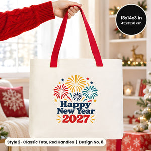 Happy New Year Tote Bags Bulk – Canvas Tote Bags in 3 Styles: Large City 18" × 14" × 4", Red Handles 18" × 14" × 3" or Red Trim 16" × 14" × 5", 9 New Year 2027 Designs - Pamusan.com