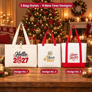 Happy New Year Tote Bags Bulk – Canvas Tote Bags in 3 Styles: Large City 18" × 14" × 4", Red Handles 18" × 14" × 3" or Red Trim 16" × 14" × 5", 9 New Year 2027 Designs - Pamusan.com