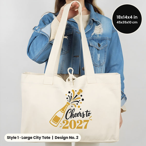 Happy New Year Tote Bags Bulk – Canvas Tote Bags in 3 Styles: Large City 18" × 14" × 4", Red Handles 18" × 14" × 3" or Red Trim 16" × 14" × 5", 9 New Year 2027 Designs - Pamusan.com