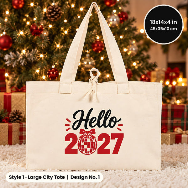 Happy New Year Tote Bags Bulk – Canvas Tote Bags in 3 Styles: Large City 18" × 14" × 4", Red Handles 18" × 14" × 3" or Red Trim 16" × 14" × 5", 9 New Year 2027 Designs - Pamusan.com