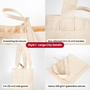Happy New Year Tote Bags Bulk – Canvas Tote Bags in 3 Styles: Large City 18" × 14" × 4", Red Handles 18" × 14" × 3" or Red Trim 16" × 14" × 5", 9 New Year 2027 Designs - Pamusan.com