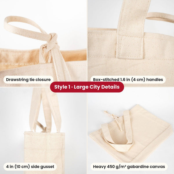 Happy New Year Tote Bags Bulk – Canvas Tote Bags in 3 Styles: Large City 18" × 14" × 4", Red Handles 18" × 14" × 3" or Red Trim 16" × 14" × 5", 9 New Year 2027 Designs - Pamusan.com