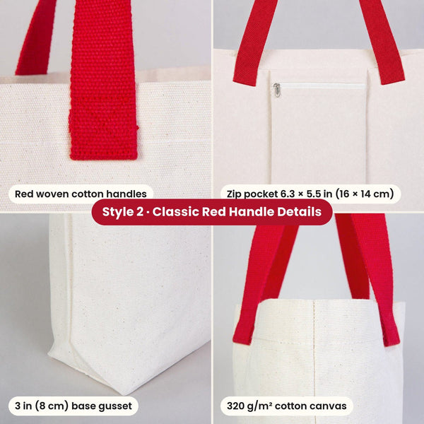 Happy New Year Tote Bags Bulk – Canvas Tote Bags in 3 Styles: Large City 18" × 14" × 4", Red Handles 18" × 14" × 3" or Red Trim 16" × 14" × 5", 9 New Year 2027 Designs - Pamusan.com