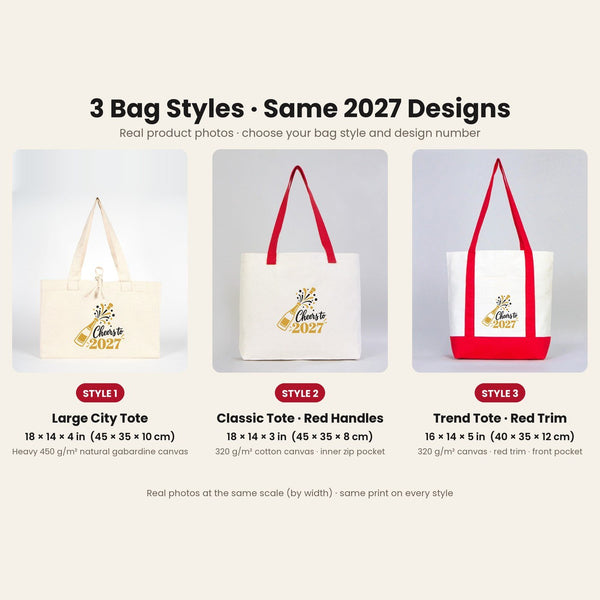 Happy New Year Tote Bags Bulk – Canvas Tote Bags in 3 Styles: Large City 18" × 14" × 4", Red Handles 18" × 14" × 3" or Red Trim 16" × 14" × 5", 9 New Year 2027 Designs - Pamusan.com