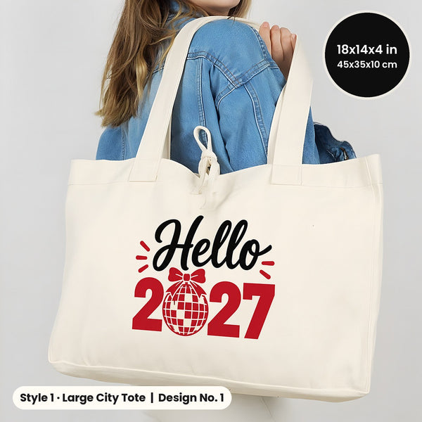 Happy New Year Tote Bags Bulk – Canvas Tote Bags in 3 Styles: Large City 18" × 14" × 4", Red Handles 18" × 14" × 3" or Red Trim 16" × 14" × 5", 9 New Year 2027 Designs - Pamusan.com