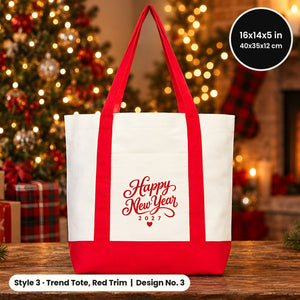 Happy New Year Tote Bags Bulk – Canvas Tote Bags in 3 Styles: Large City 18" × 14" × 4", Red Handles 18" × 14" × 3" or Red Trim 16" × 14" × 5", 9 New Year 2027 Designs - Pamusan.com
